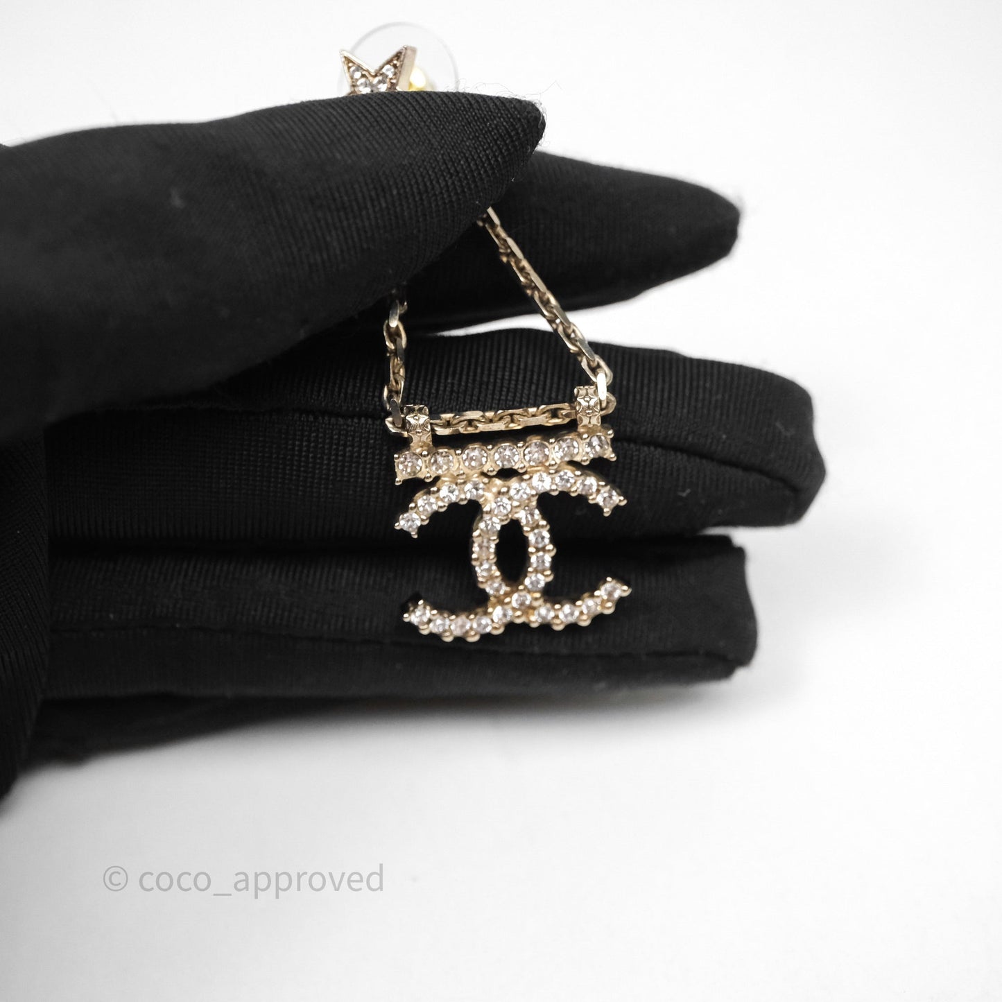 Chanel Crystal CC Star Drop Earrings Gold Tone 22S