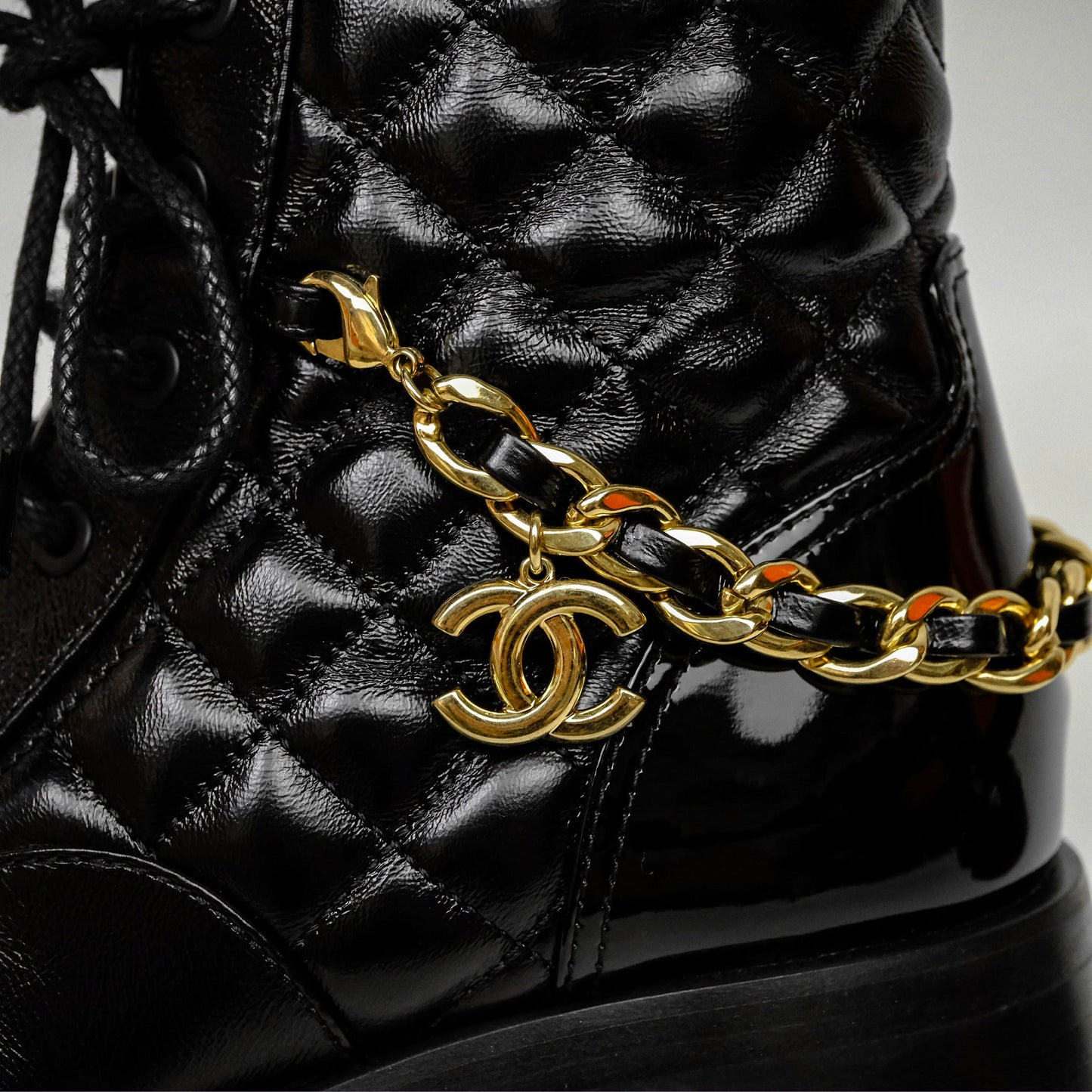 Chanel Patent Chain Lace Up Combat Boots Shiny Calfskin Black Size 36.5