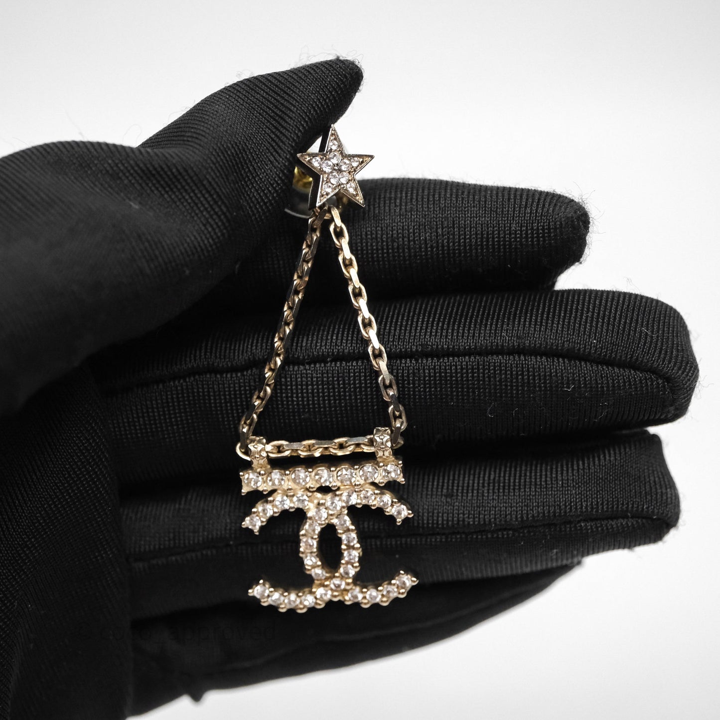 Chanel Crystal CC Star Drop Earrings Gold Tone 22S