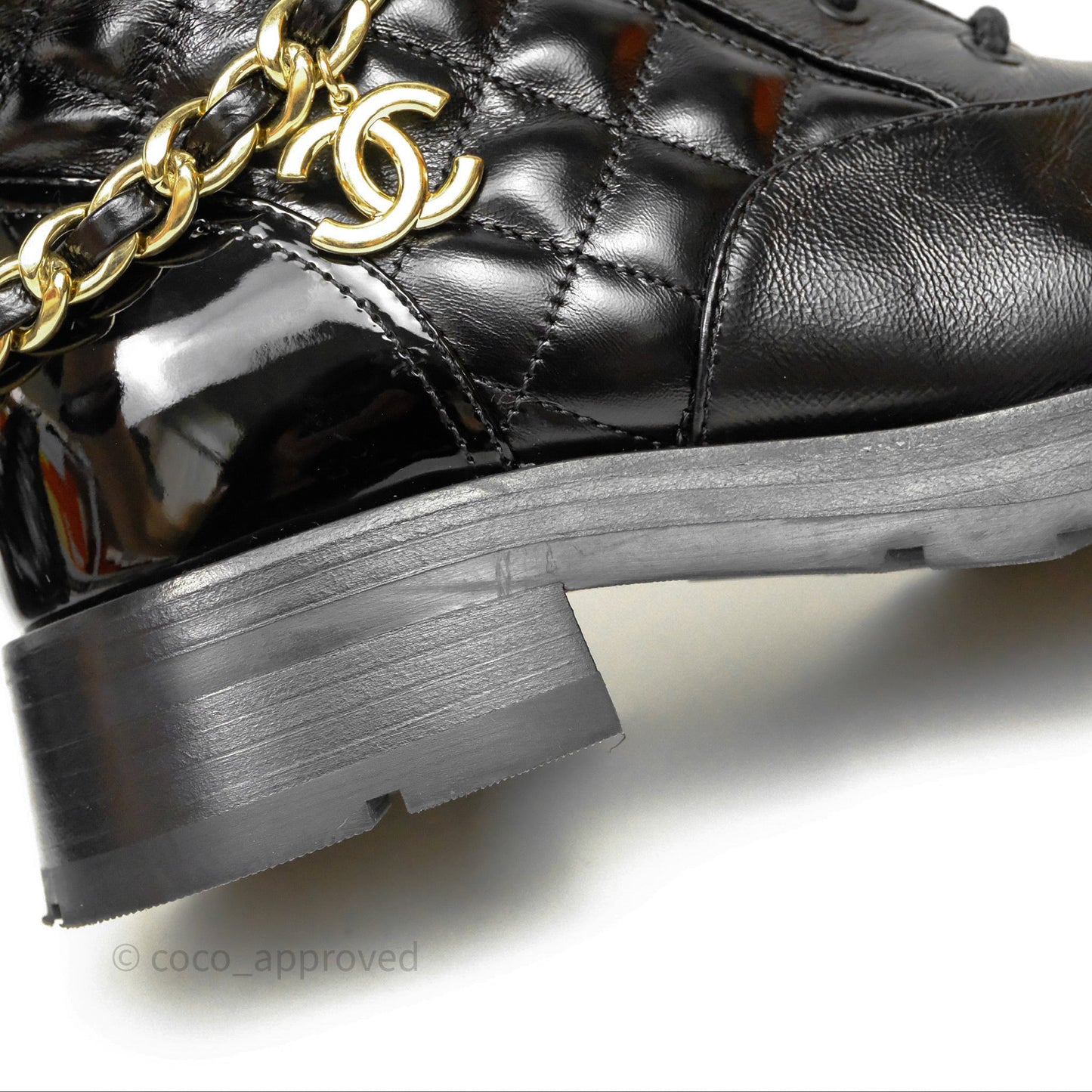 Chanel Patent Chain Lace Up Combat Boots Shiny Calfskin Black Size 36.5