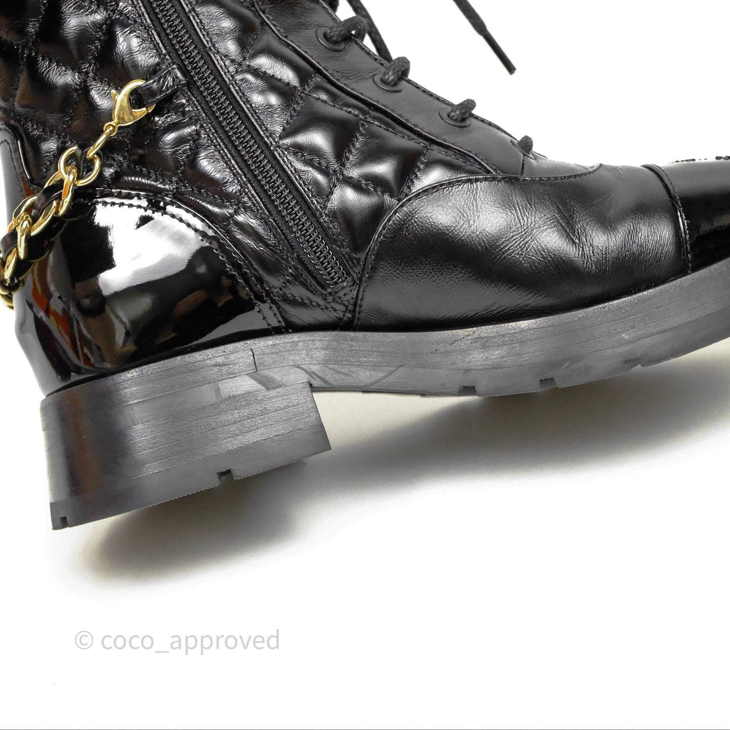 Chanel Patent Chain Lace Up Combat Boots Shiny Calfskin Black Size 36.5