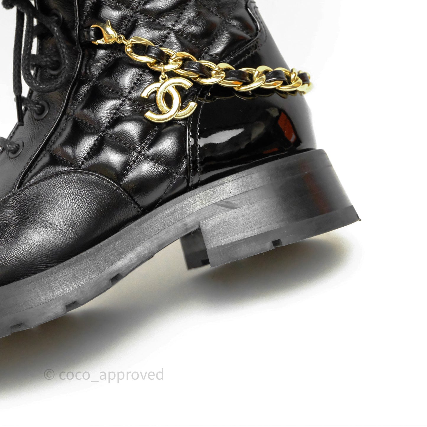 Chanel Patent Chain Lace Up Combat Boots Shiny Calfskin Black Size 36.5