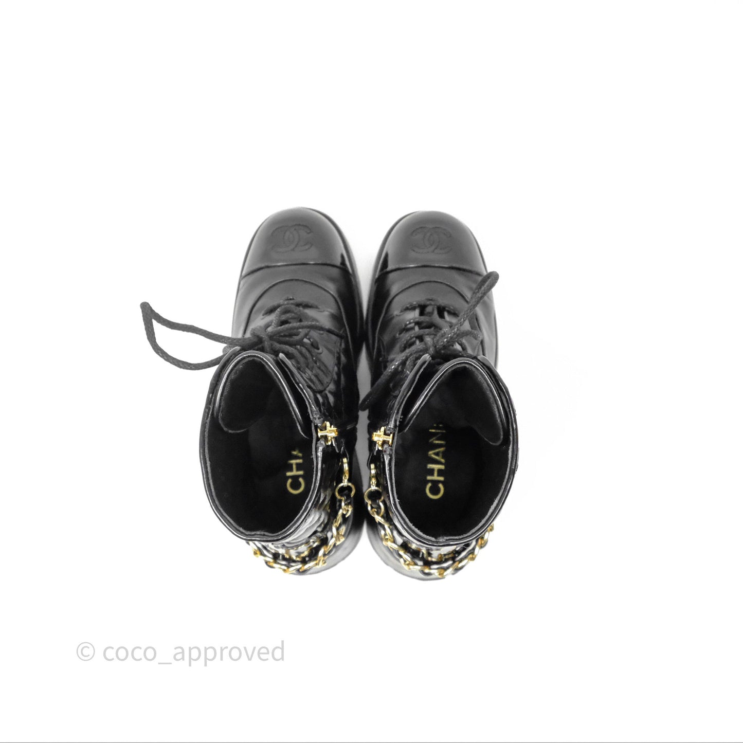 Chanel Patent Chain Lace Up Combat Boots Shiny Calfskin Black Size 36.5