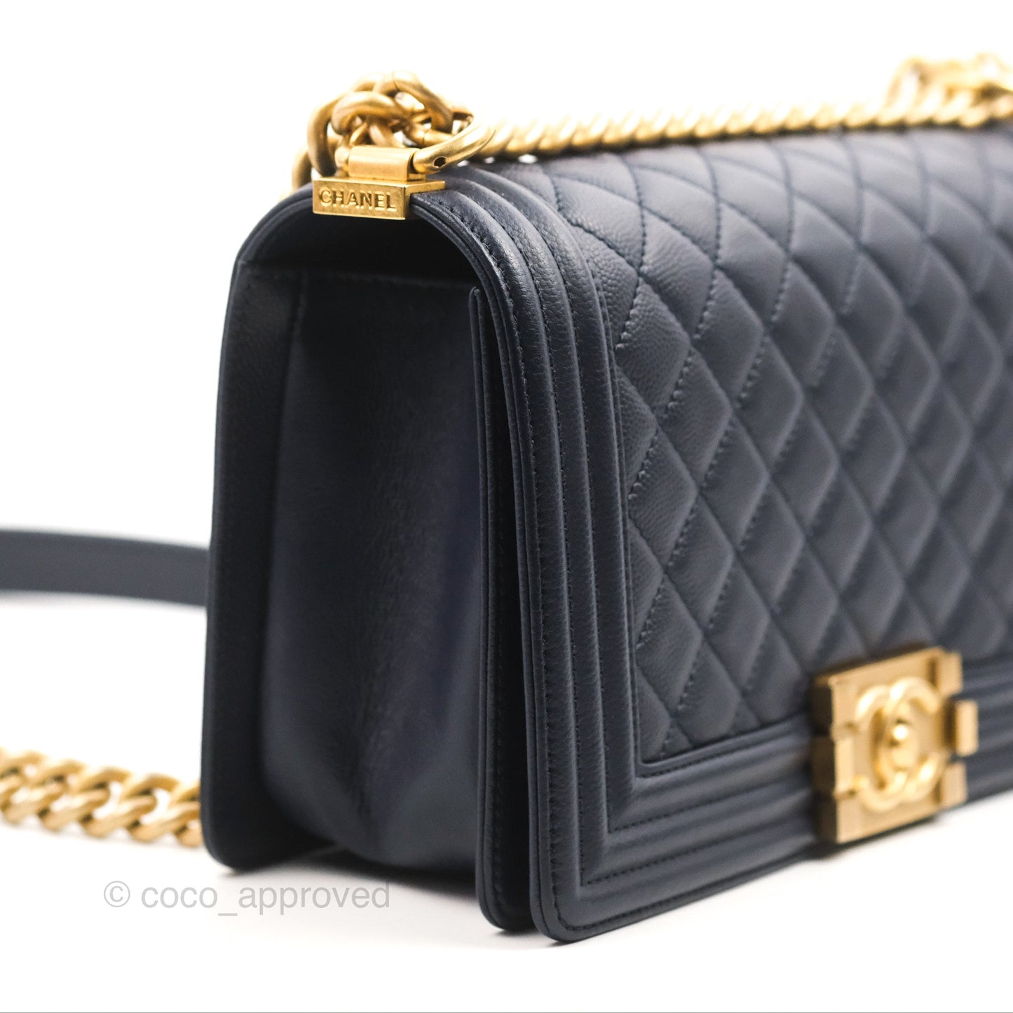 Chanel Quilted Medium Boy Navy Caviar Aged Gold Hardware