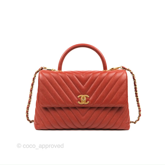 Chanel Large Coco Handle Chevron Brick Red Caviar Aged Gold Hardware