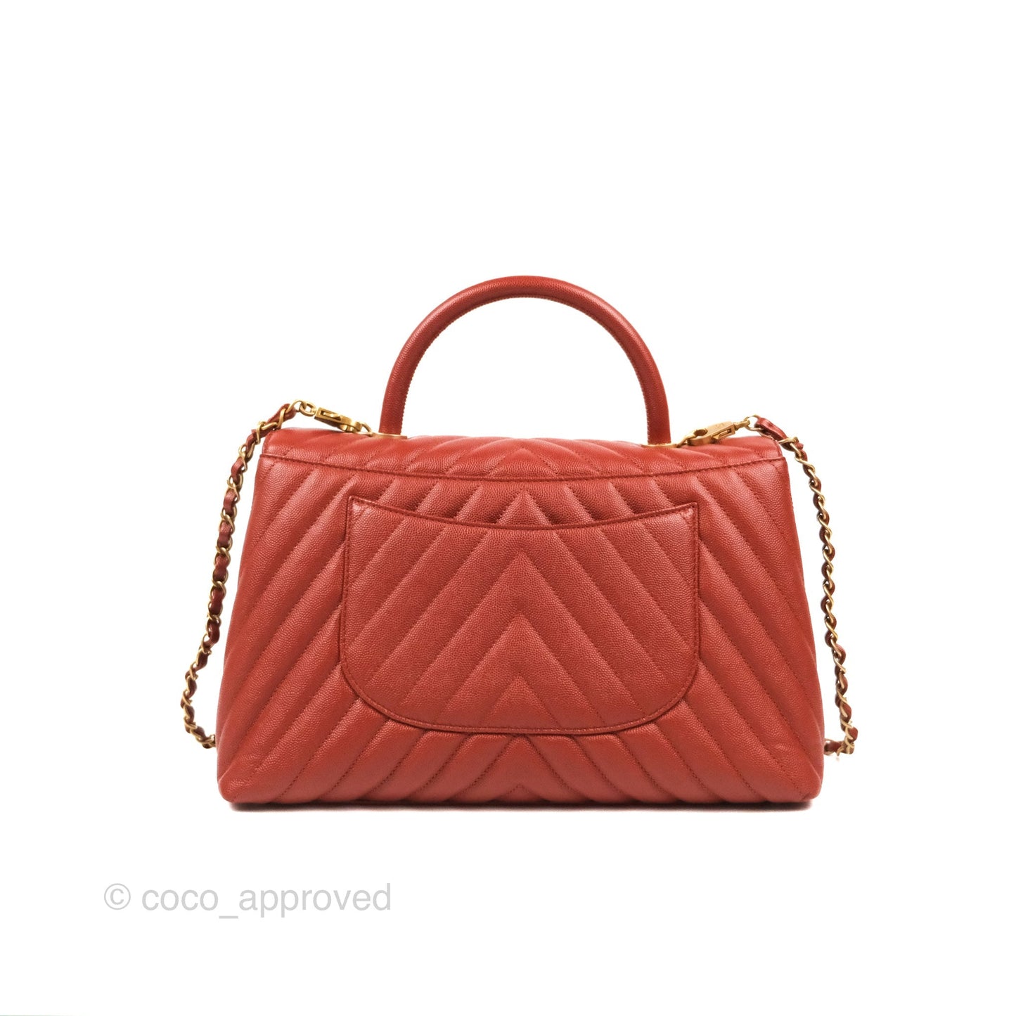 Chanel Large Coco Handle Chevron Brick Red Caviar Aged Gold Hardware