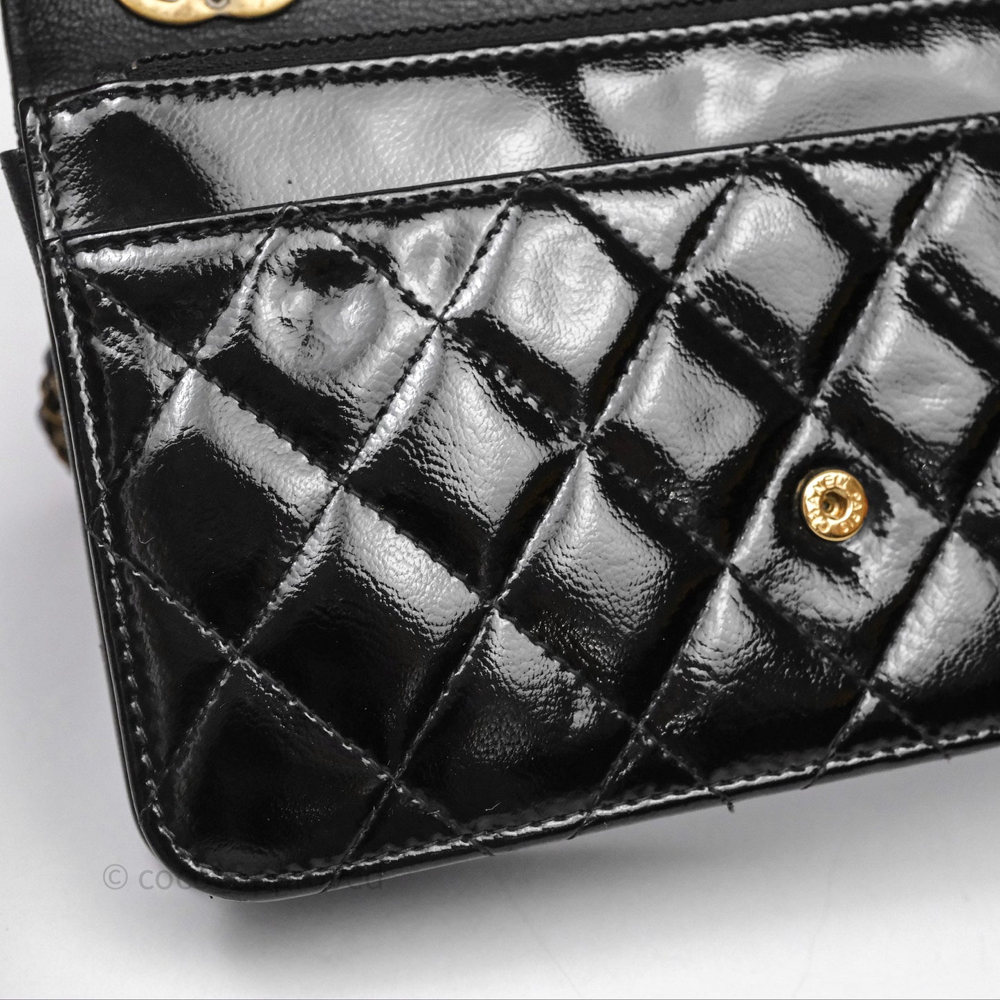Chanel Quilted CC Logo Wallet On Chain Black Shiny Crumpled Calfskin Aged Gold Hardware