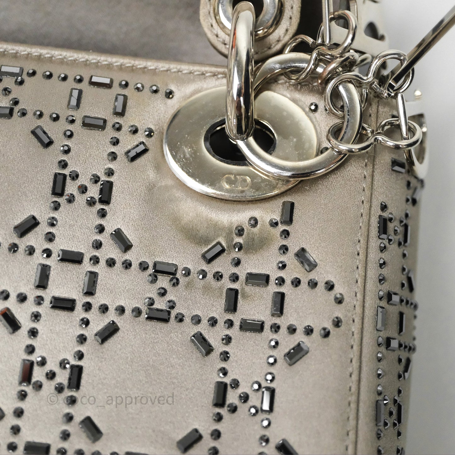 Christian Dior Mini Lady Dior Bag Grey Strass Cannage Satin Silver Hardware