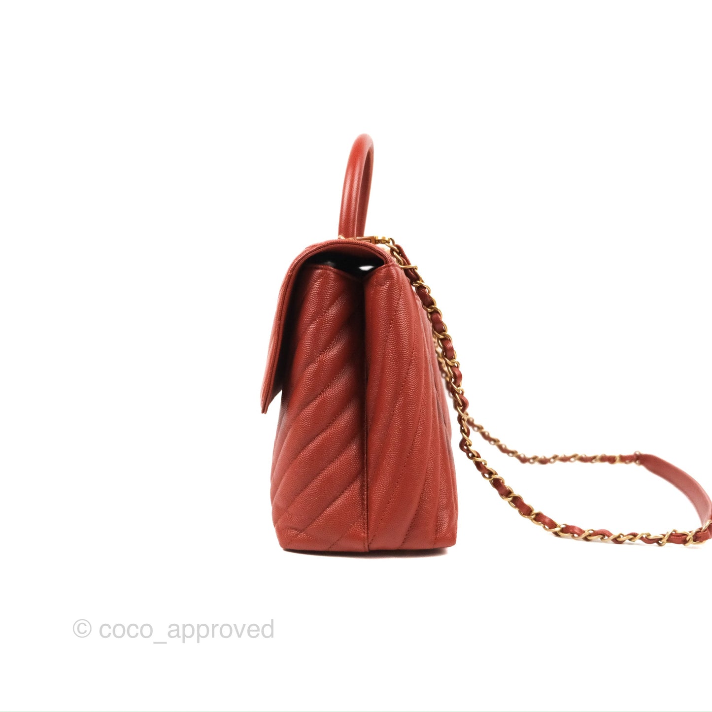 Chanel Large Coco Handle Chevron Brick Red Caviar Aged Gold Hardware