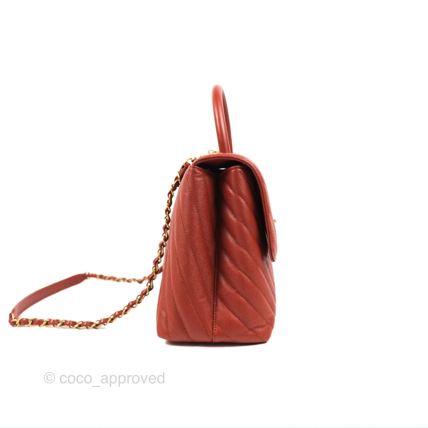 Chanel Large Coco Handle Chevron Brick Red Caviar Aged Gold Hardware