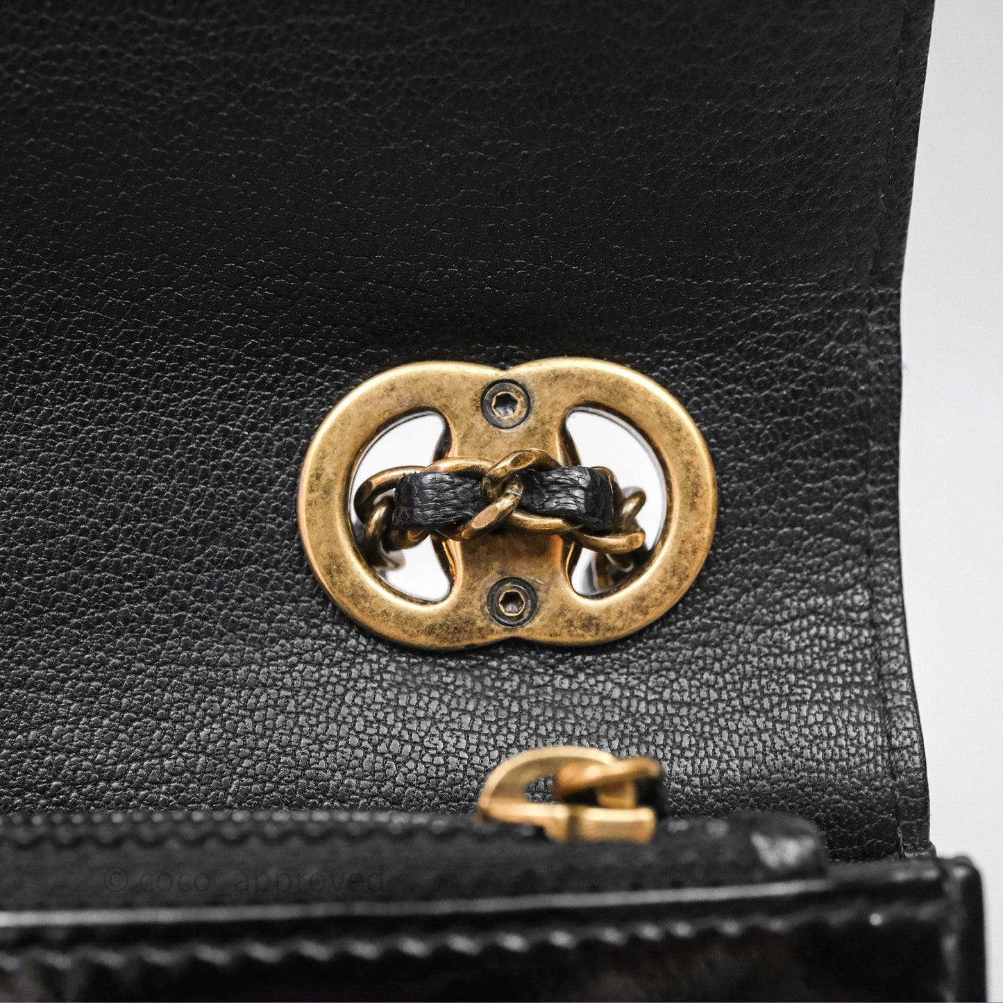 Chanel Quilted CC Logo Wallet On Chain Black Shiny Crumpled Calfskin Aged Gold Hardware
