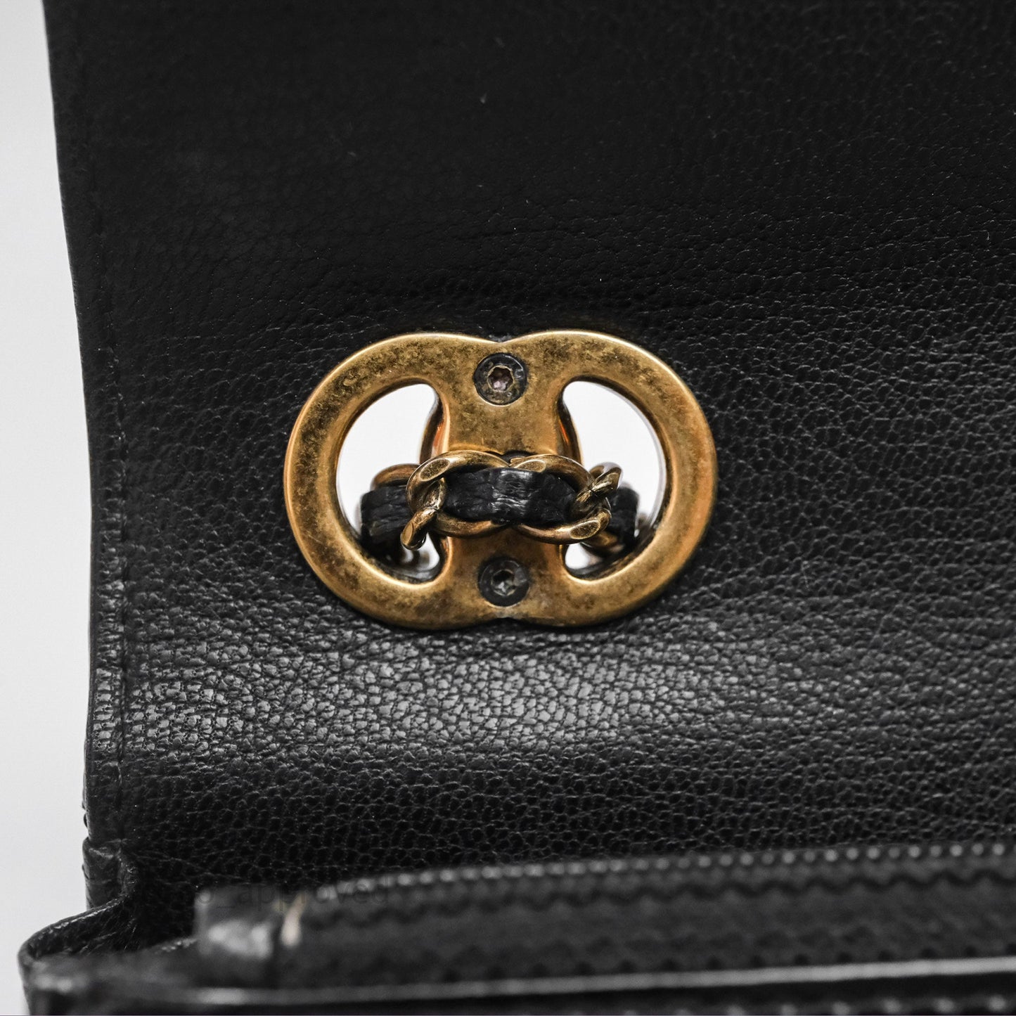 Chanel Quilted CC Logo Wallet On Chain Black Shiny Crumpled Calfskin Aged Gold Hardware