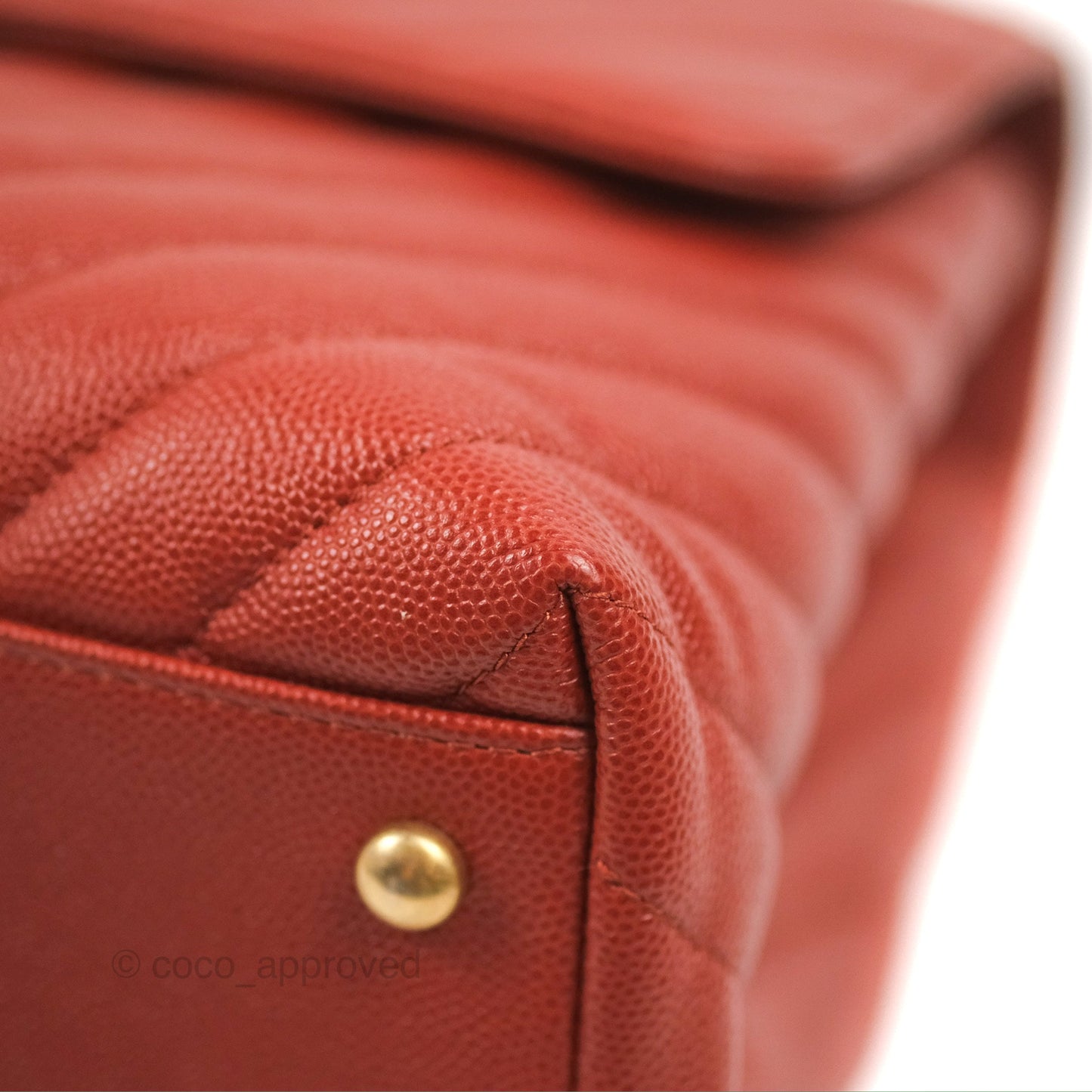 Chanel Large Coco Handle Chevron Brick Red Caviar Aged Gold Hardware