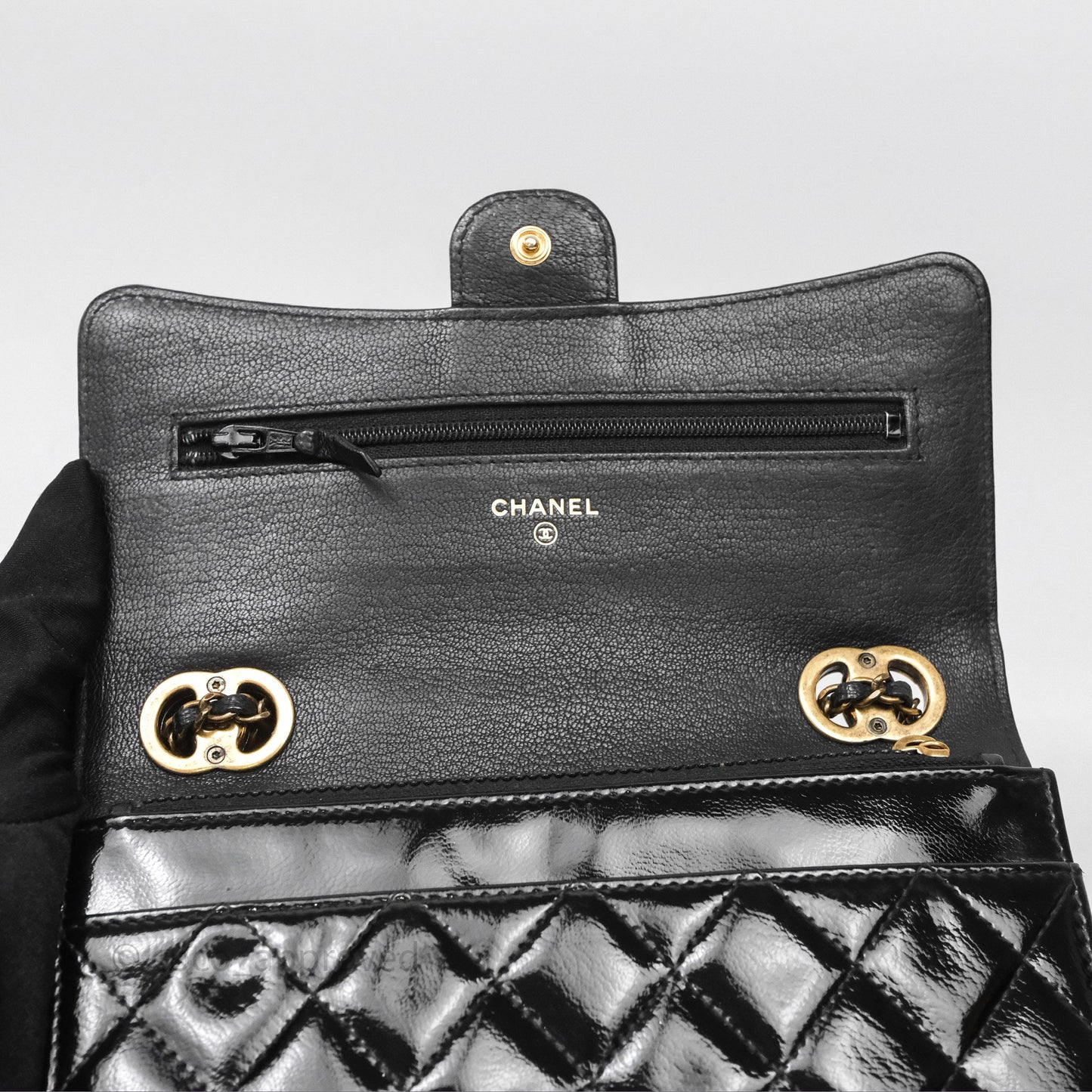 Chanel Quilted CC Logo Wallet On Chain Black Shiny Crumpled Calfskin Aged Gold Hardware