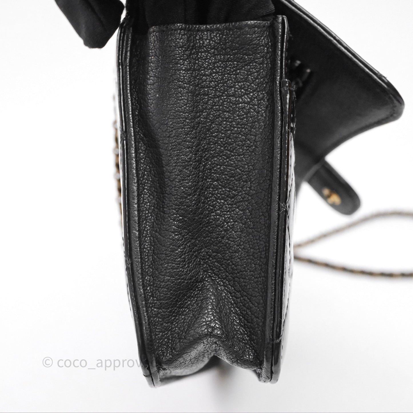 Chanel Quilted CC Logo Wallet On Chain Black Shiny Crumpled Calfskin Aged Gold Hardware
