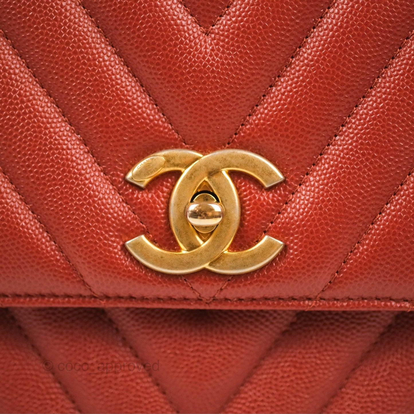 Chanel Large Coco Handle Chevron Brick Red Caviar Aged Gold Hardware