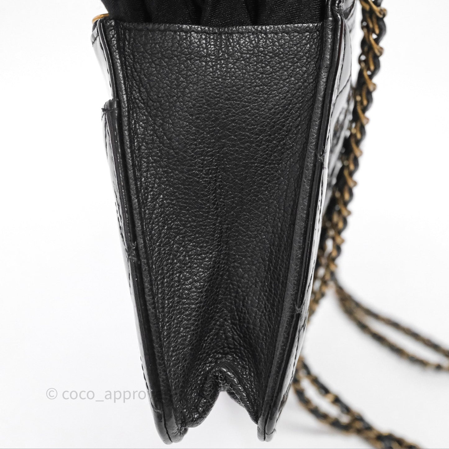 Chanel Quilted CC Logo Wallet On Chain Black Shiny Crumpled Calfskin Aged Gold Hardware
