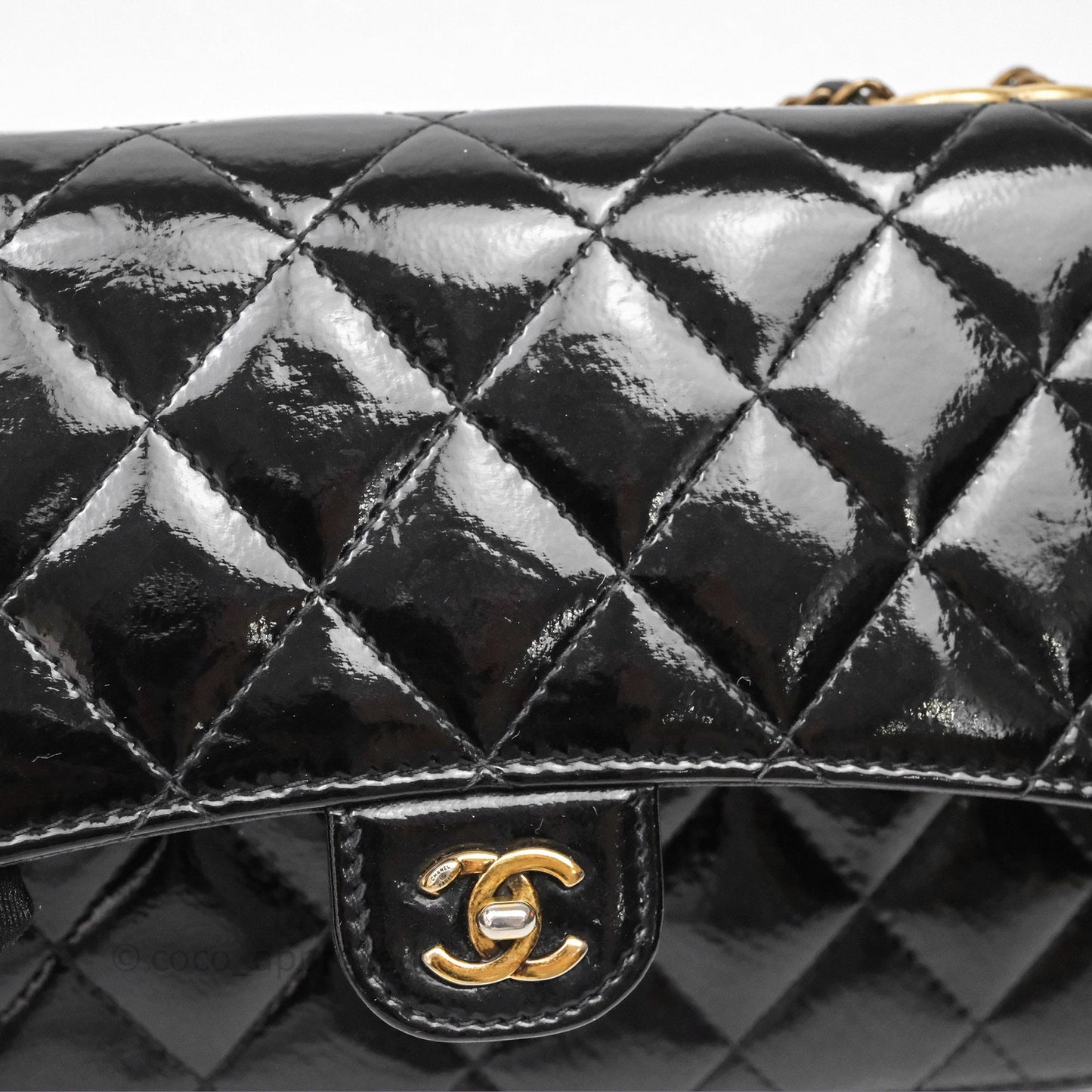 Chanel Quilted CC Logo Wallet On Chain Black Shiny Crumpled Calfskin Aged Gold Hardware