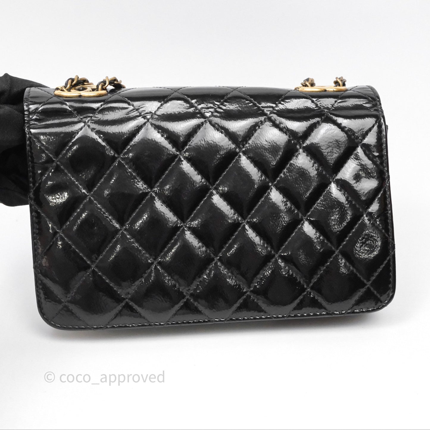 Chanel Quilted CC Logo Wallet On Chain Black Shiny Crumpled Calfskin Aged Gold Hardware