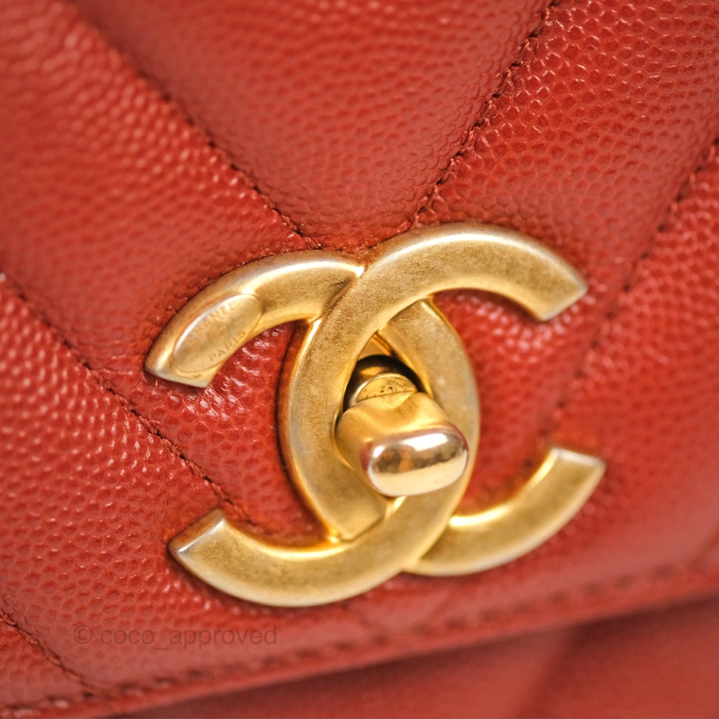 Chanel Large Coco Handle Chevron Brick Red Caviar Aged Gold Hardware