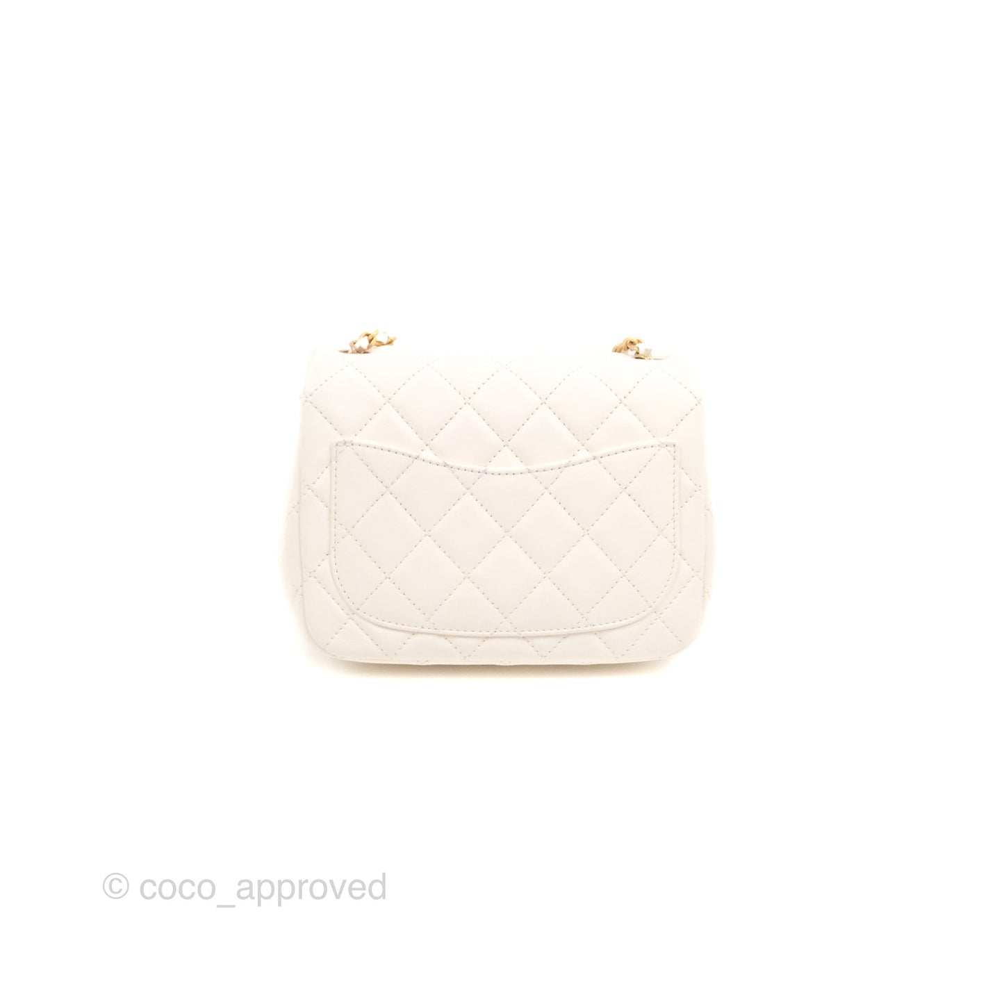 Chanel Mini Square Pearl Crush Quilted White Lambskin Aged Gold Hardware
