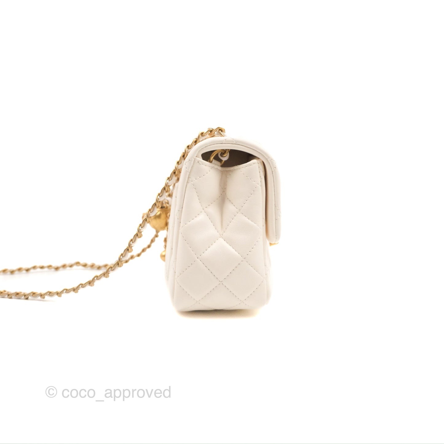 Chanel Mini Square Pearl Crush Quilted White Lambskin Aged Gold Hardware