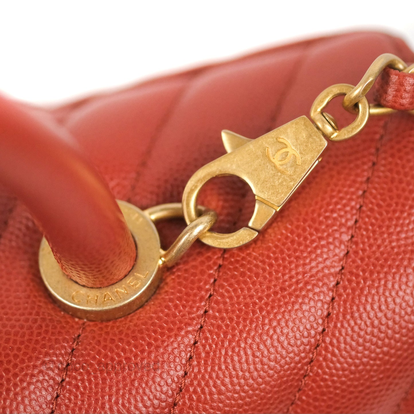 Chanel Large Coco Handle Chevron Brick Red Caviar Aged Gold Hardware