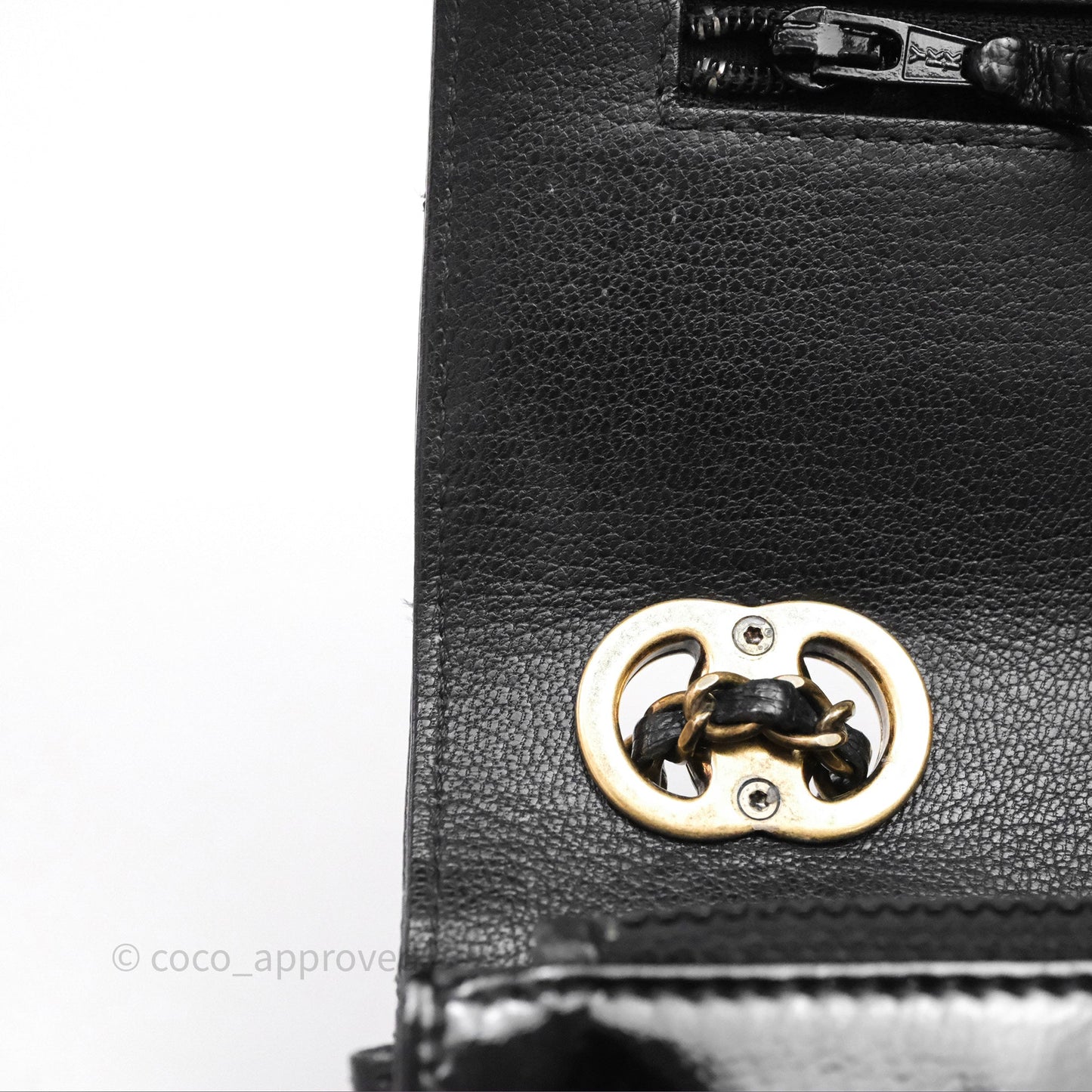 Chanel Quilted CC Logo Wallet On Chain Black Shiny Crumpled Calfskin Aged Gold Hardware
