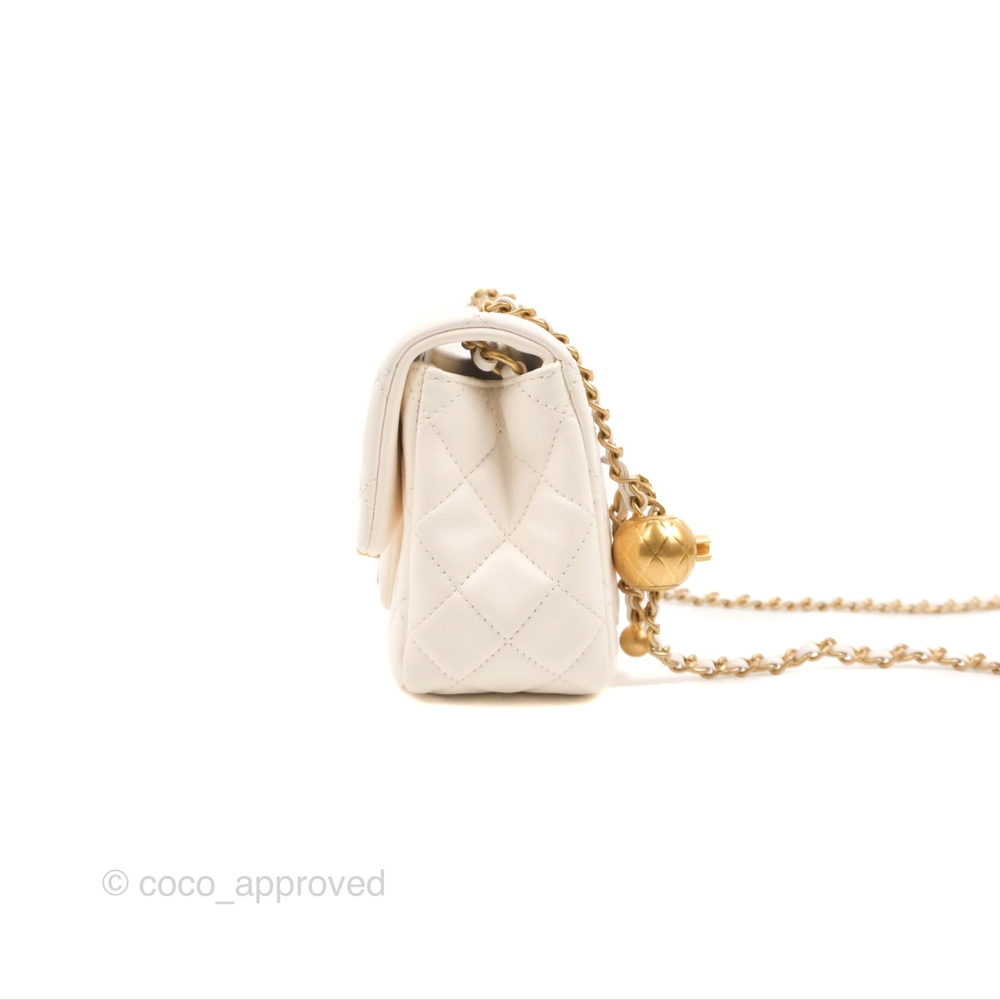 Chanel Mini Square Pearl Crush Quilted White Lambskin Aged Gold Hardware