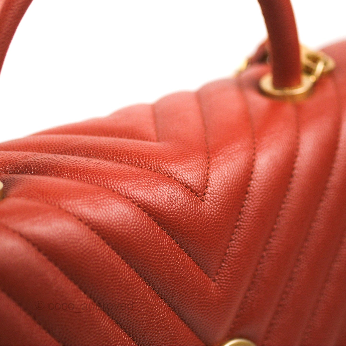 Chanel Large Coco Handle Chevron Brick Red Caviar Aged Gold Hardware