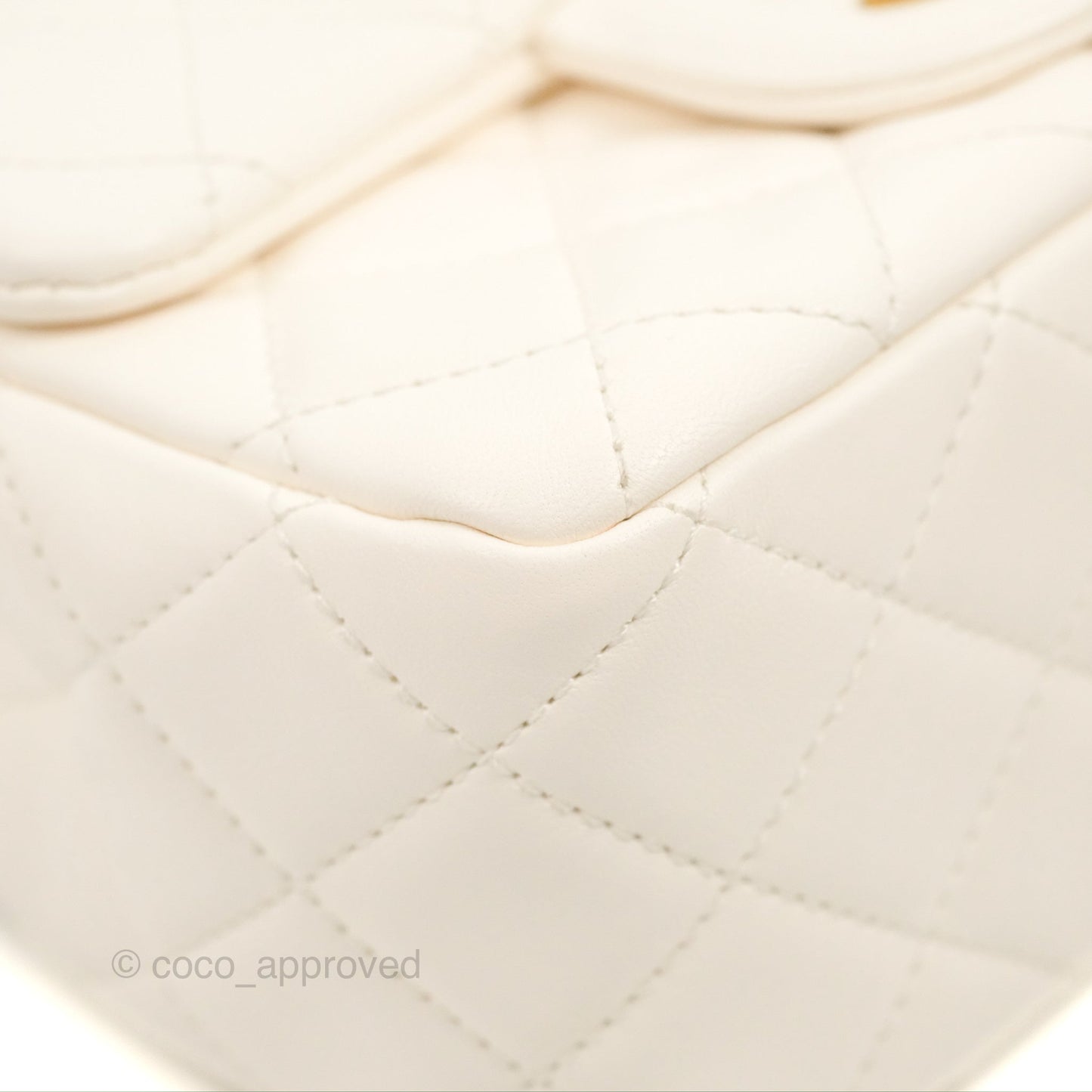 Chanel Mini Square Pearl Crush Quilted White Lambskin Aged Gold Hardware