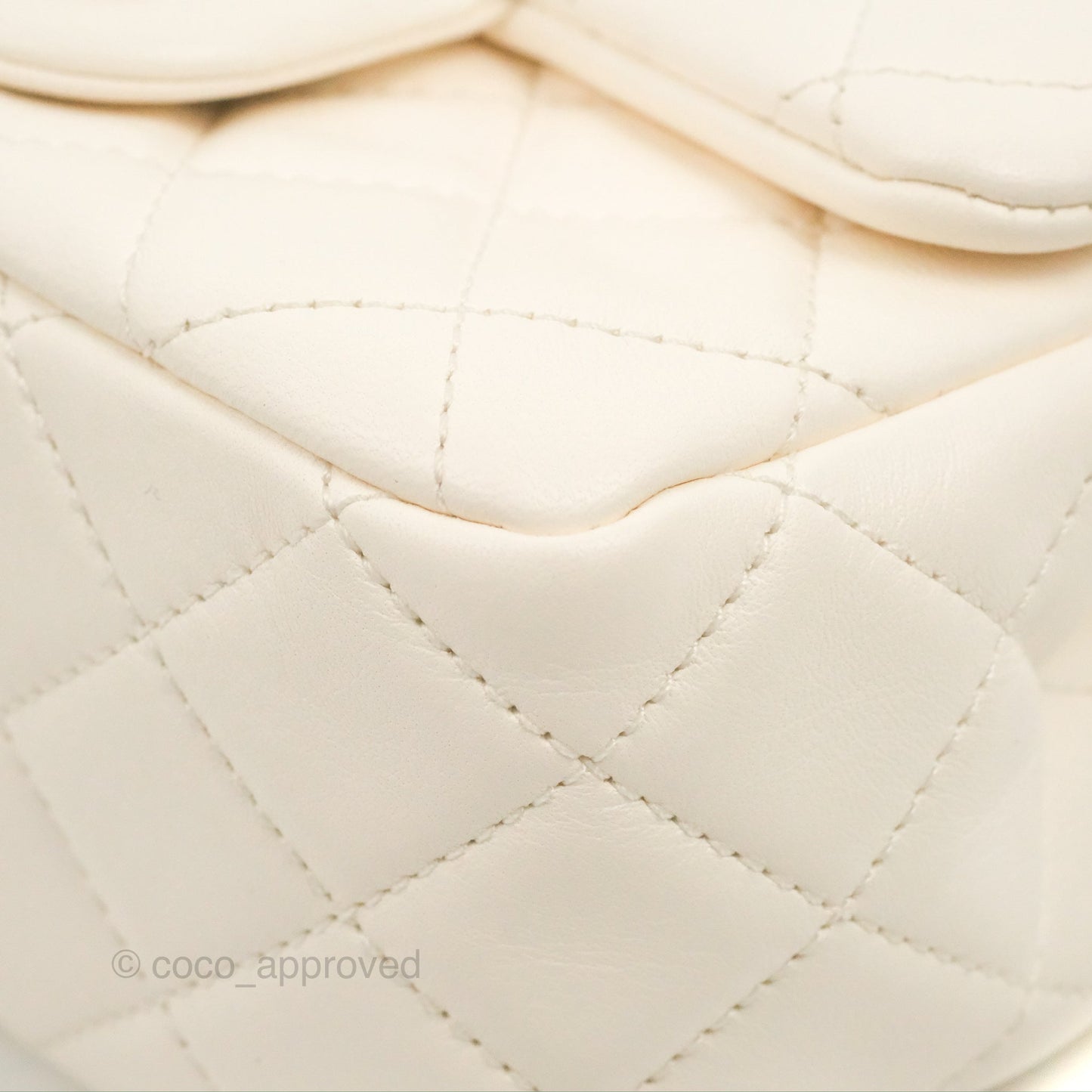 Chanel Mini Square Pearl Crush Quilted White Lambskin Aged Gold Hardware