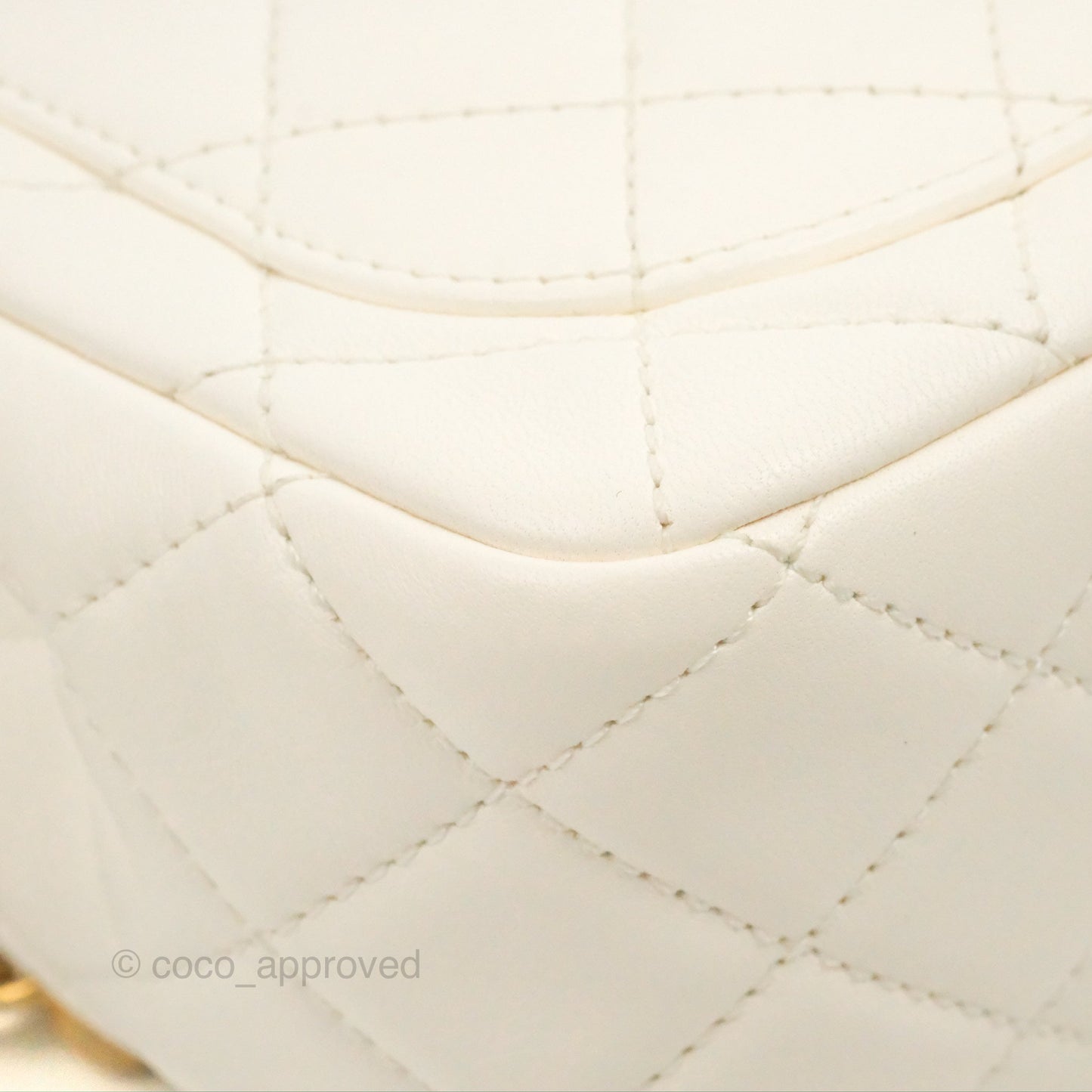 Chanel Mini Square Pearl Crush Quilted White Lambskin Aged Gold Hardware