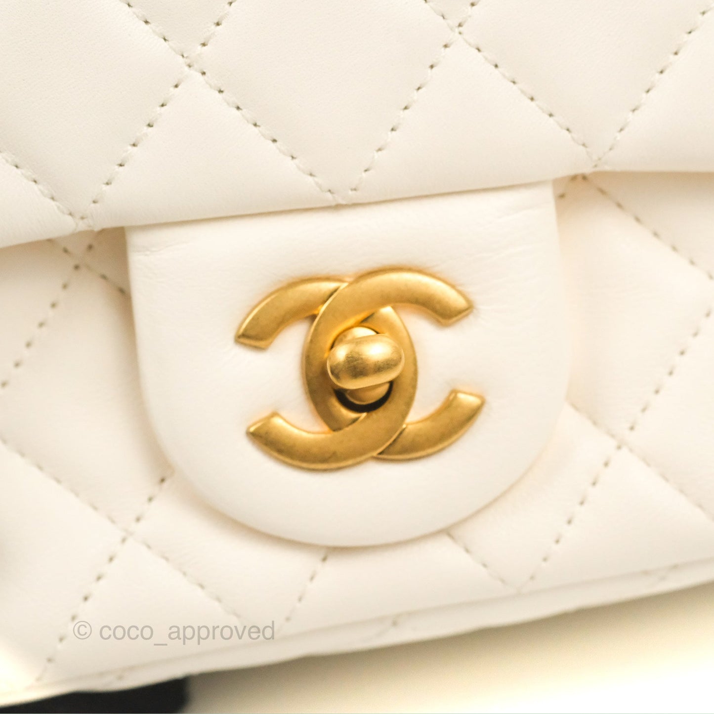 Chanel Mini Square Pearl Crush Quilted White Lambskin Aged Gold Hardware