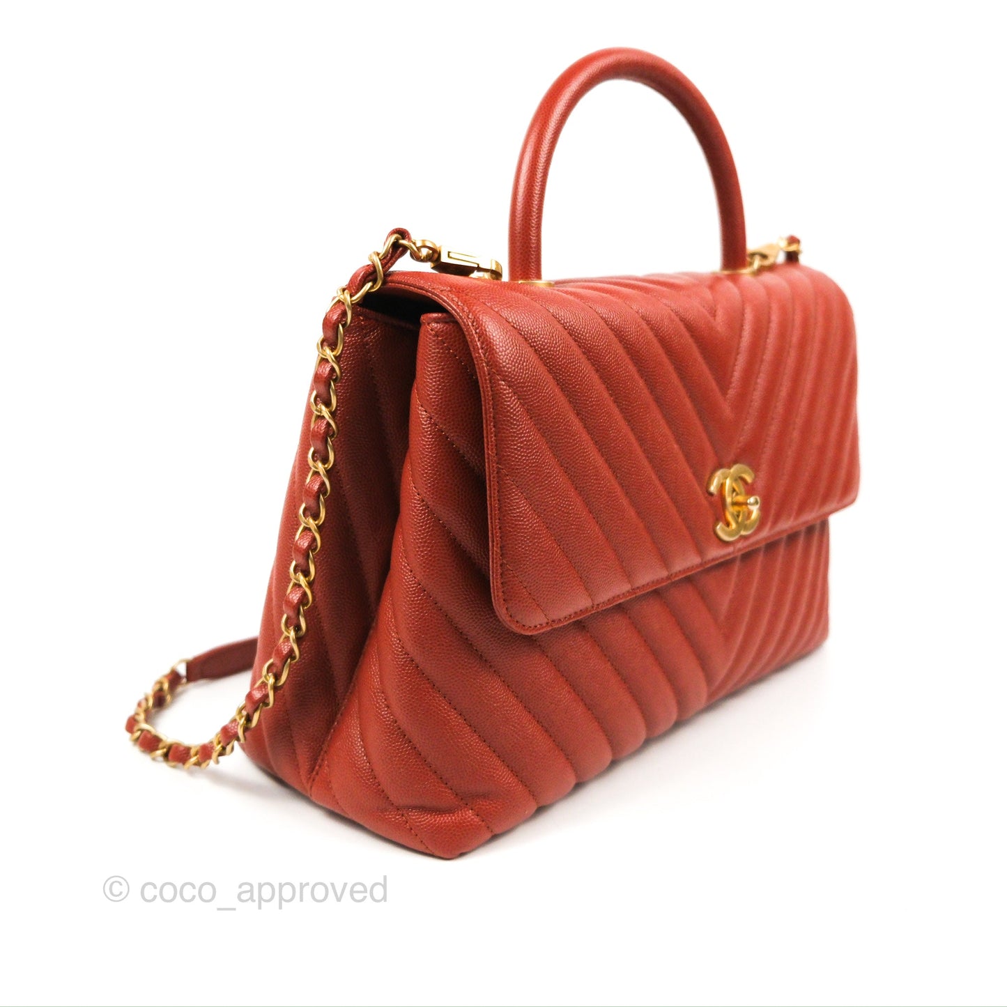 Chanel Large Coco Handle Chevron Brick Red Caviar Aged Gold Hardware