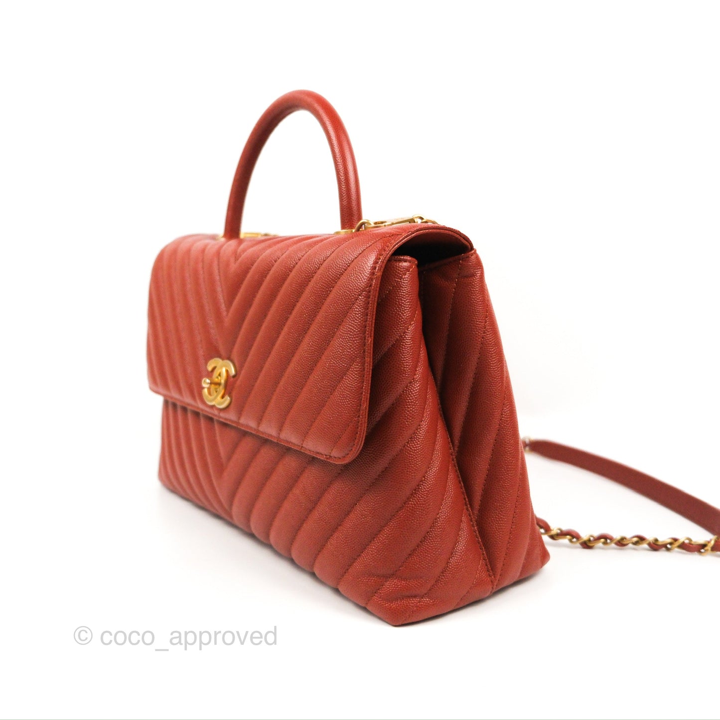 Chanel Large Coco Handle Chevron Brick Red Caviar Aged Gold Hardware