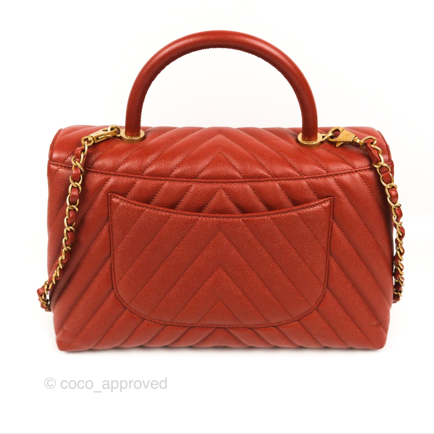 Chanel Large Coco Handle Chevron Brick Red Caviar Aged Gold Hardware