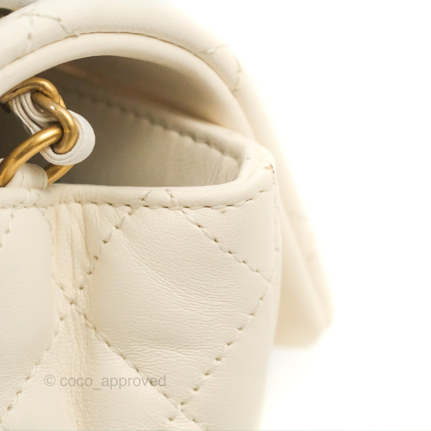 Chanel Mini Square Pearl Crush Quilted White Lambskin Aged Gold Hardware