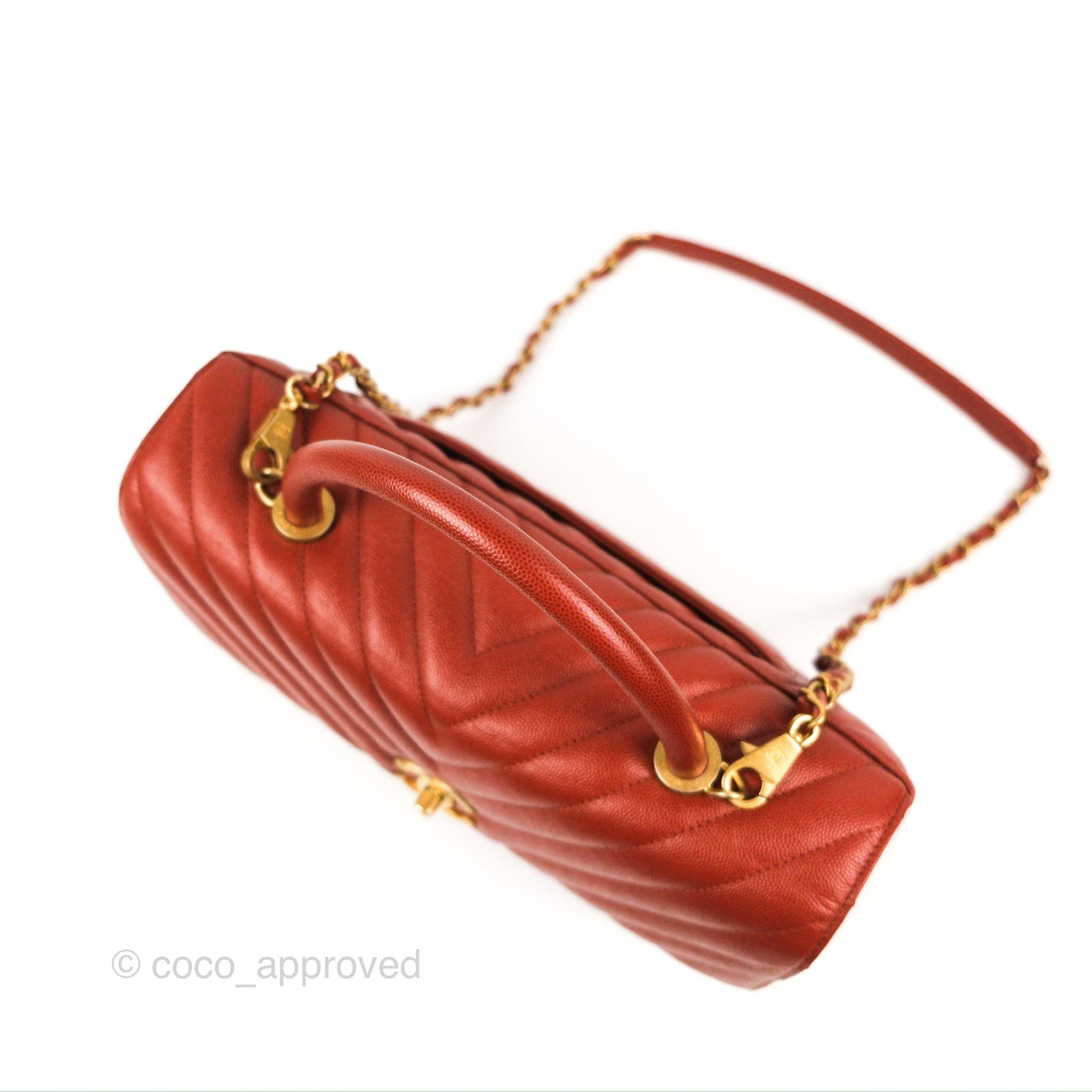 Chanel Large Coco Handle Chevron Brick Red Caviar Aged Gold Hardware