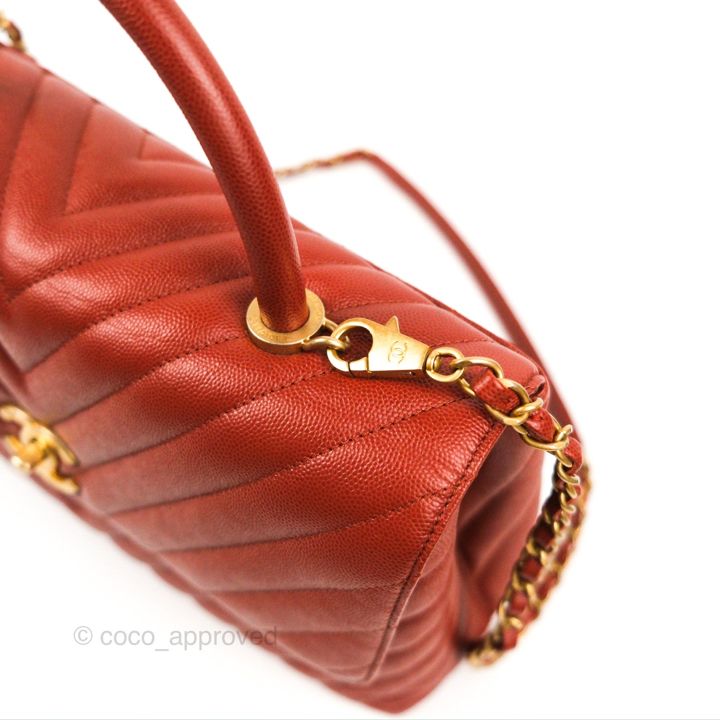 Chanel Large Coco Handle Chevron Brick Red Caviar Aged Gold Hardware