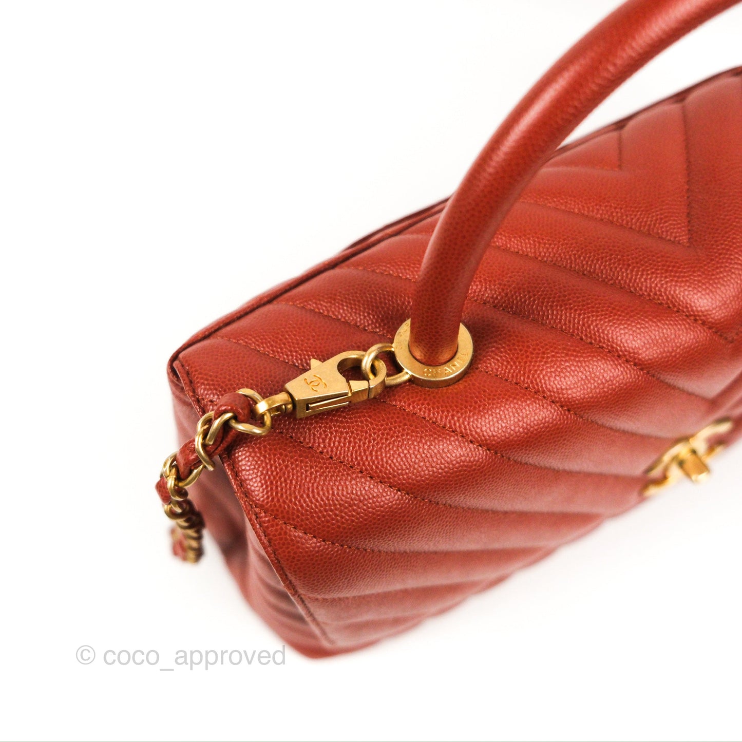 Chanel Large Coco Handle Chevron Brick Red Caviar Aged Gold Hardware