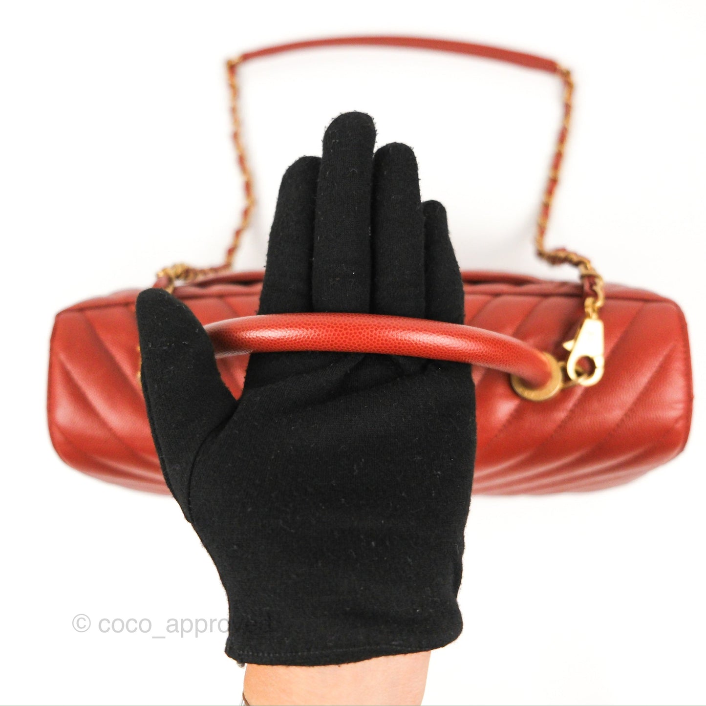 Chanel Large Coco Handle Chevron Brick Red Caviar Aged Gold Hardware