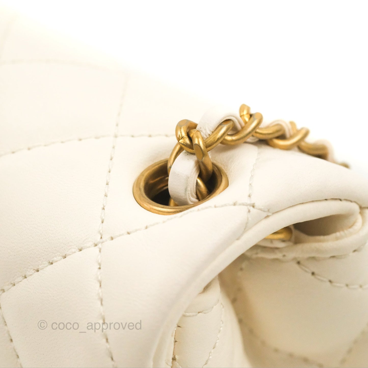 Chanel Mini Square Pearl Crush Quilted White Lambskin Aged Gold Hardware