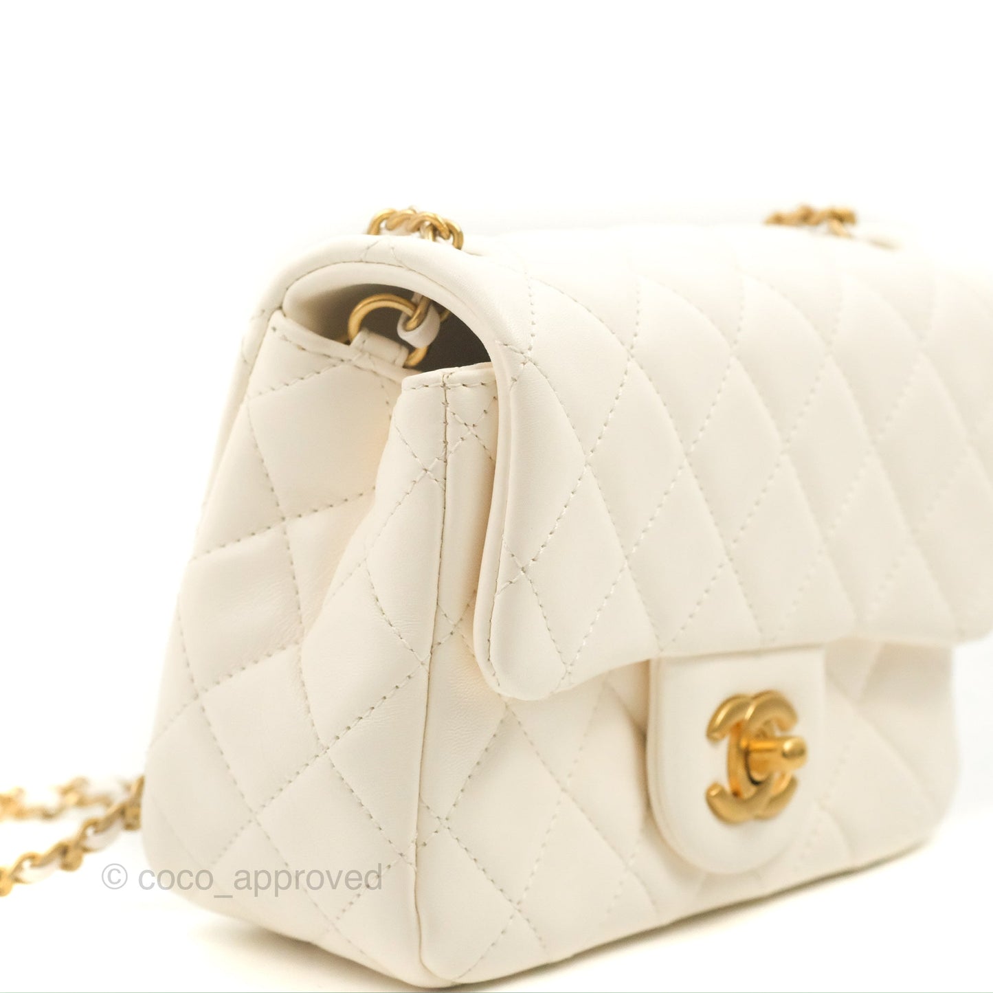 Chanel Mini Square Pearl Crush Quilted White Lambskin Aged Gold Hardware