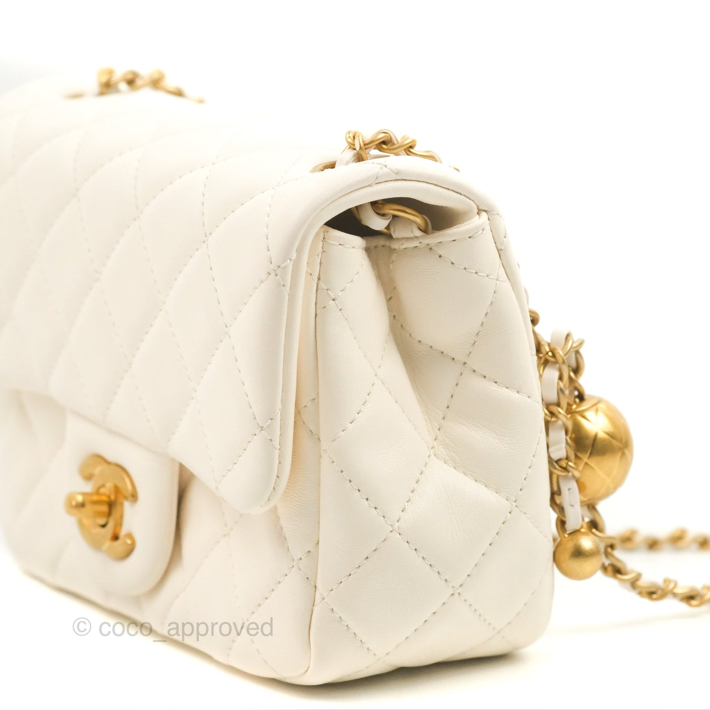 Chanel Mini Square Pearl Crush Quilted White Lambskin Aged Gold Hardware