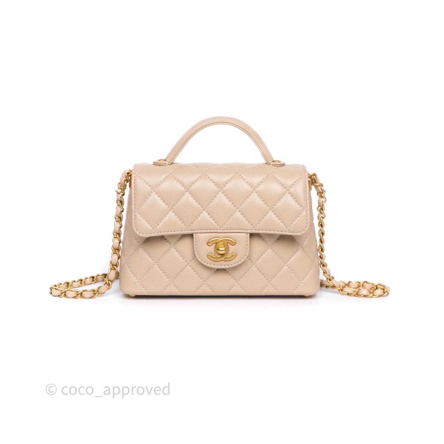 Chanel Small Top Handle Flap Bag Light Beige Lambskin Aged Gold Hardware 25P