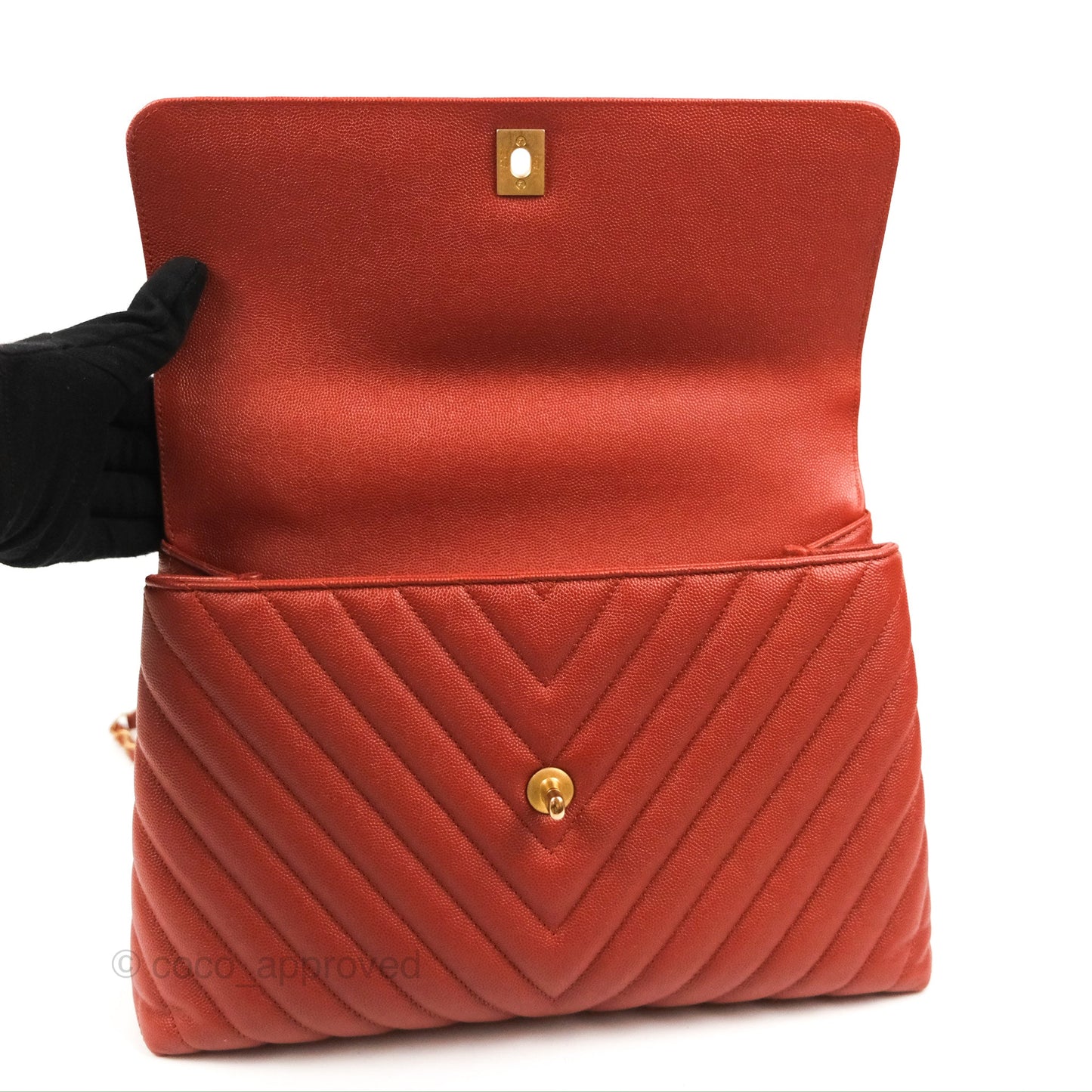 Chanel Large Coco Handle Chevron Brick Red Caviar Aged Gold Hardware