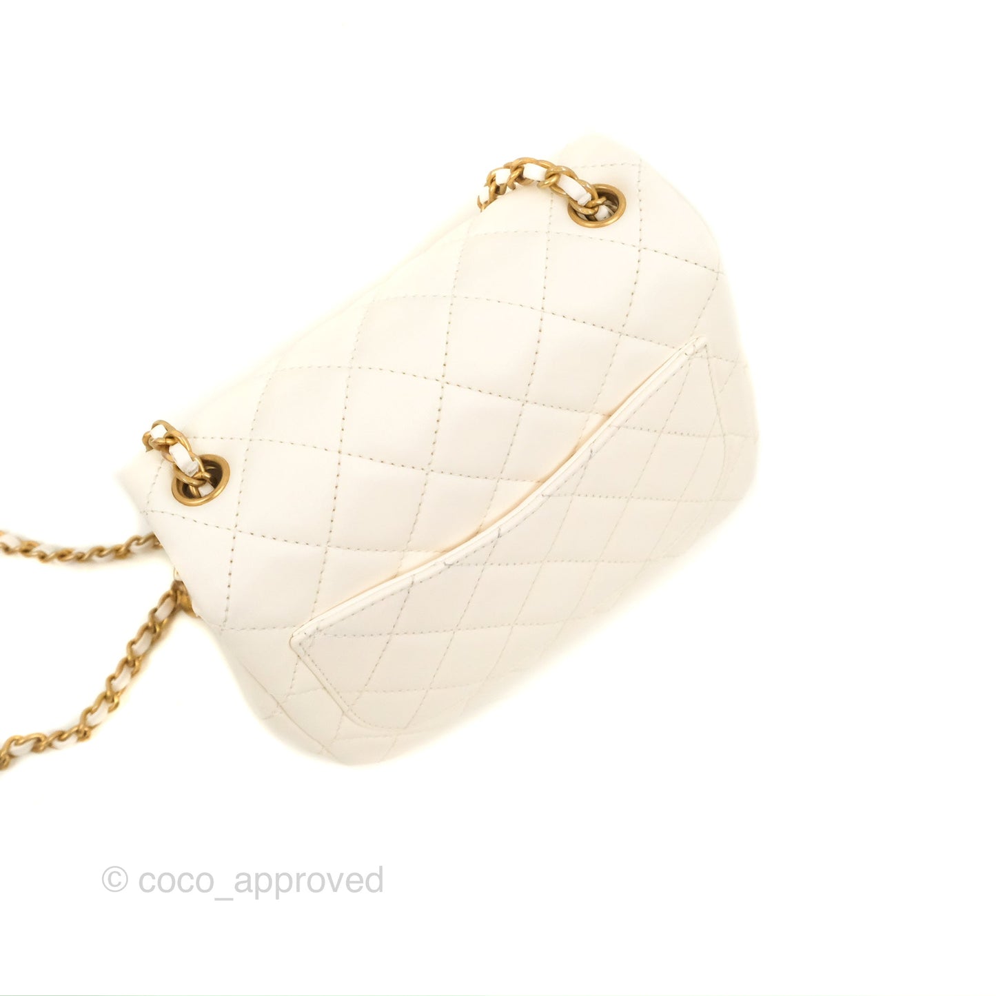 Chanel Mini Square Pearl Crush Quilted White Lambskin Aged Gold Hardware