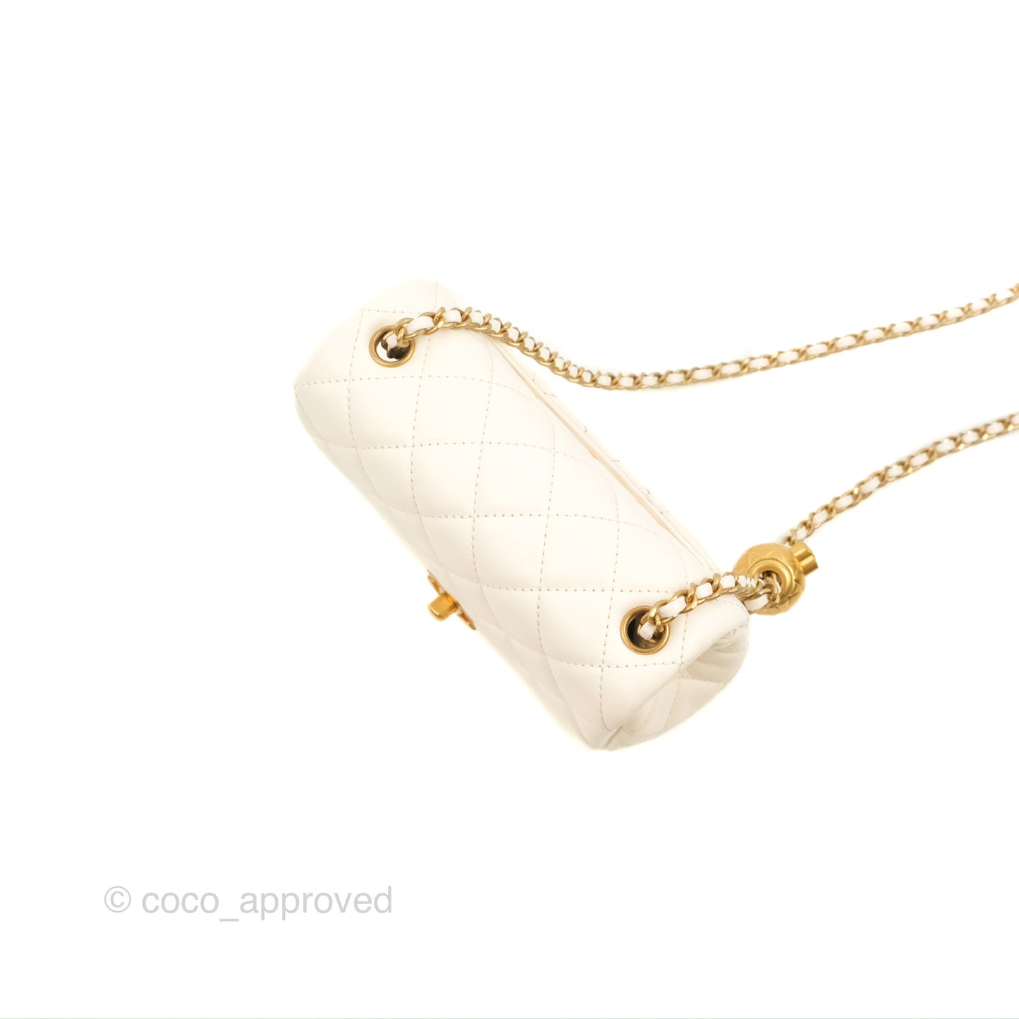 Chanel Mini Square Pearl Crush Quilted White Lambskin Aged Gold Hardware