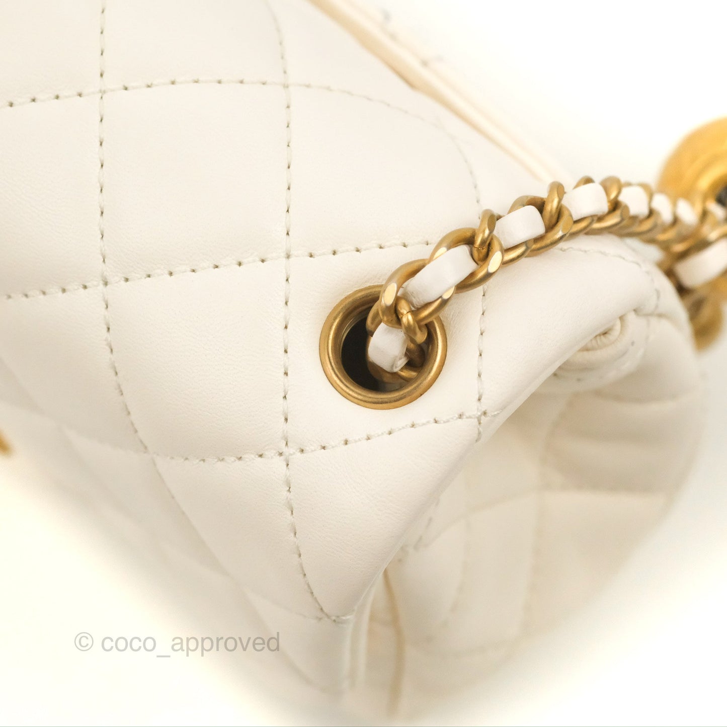 Chanel Mini Square Pearl Crush Quilted White Lambskin Aged Gold Hardware